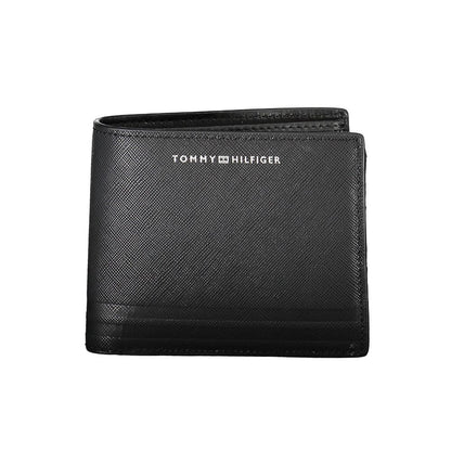 Tommy Hilfiger Black Leather Men Wallet with logo, showcasing sleek design and dual compartments for modern essentials.