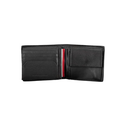 Tommy Hilfiger Black Leather Men Wallet open showing compartments with logo detailing.