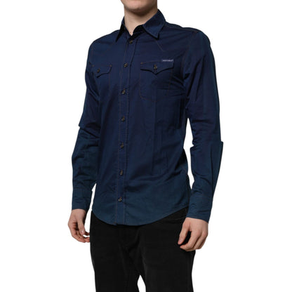 Dolce & Gabbana Blue Cotton GOLD Long Sleeves Casual Shirt