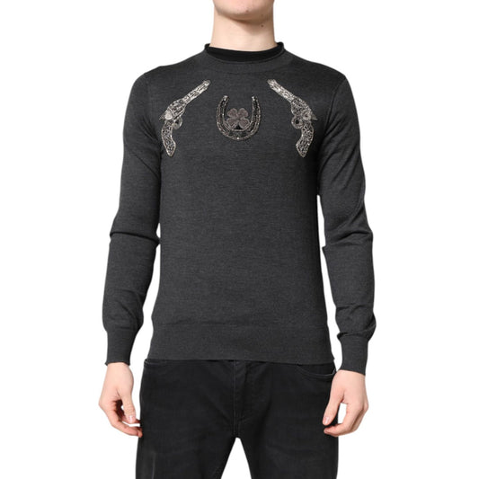 Dolce & Gabbana Gray Embroidery Knit Men Pullover Sweater