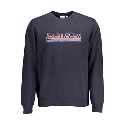 Napapijri Blue Cotton Men Sweater with logo print, crew neck design, long-sleeve, high-quality cotton material for casual luxury and comfort.