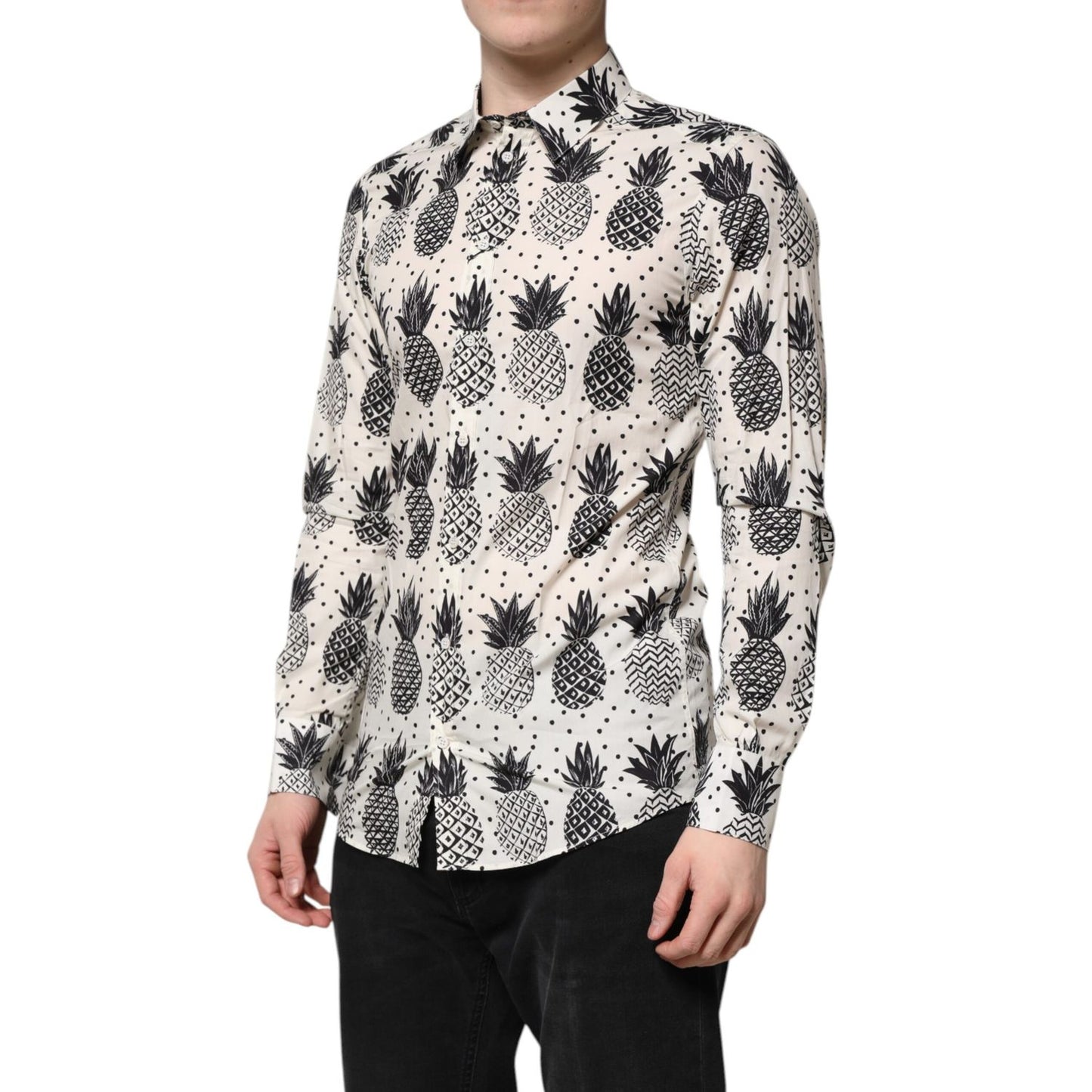 Dolce & Gabbana White Pineapple Print Long Sleeve GOLD Shirt