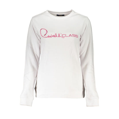 Cavalli Class White Cotton Women Sweater with embroidered logo on front, long sleeves, showcasing luxury fashion and comfort.
