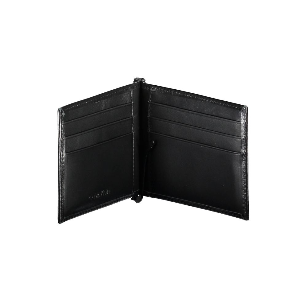 Calvin Klein Black Leather Men Wallet with RFID blocking, money clip, and card spaces for modern style and security.