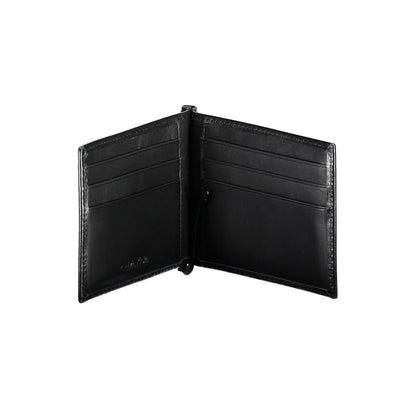Calvin Klein Black Leather Men Wallet with RFID blocking, money clip, and card spaces for modern style and security.