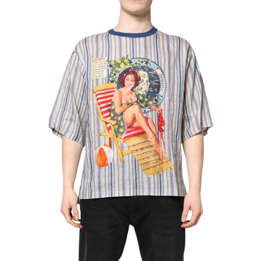 Dolce & Gabbana Multicolor Striped Pin Up Linen Round Neck T-shirt TSH87763-46