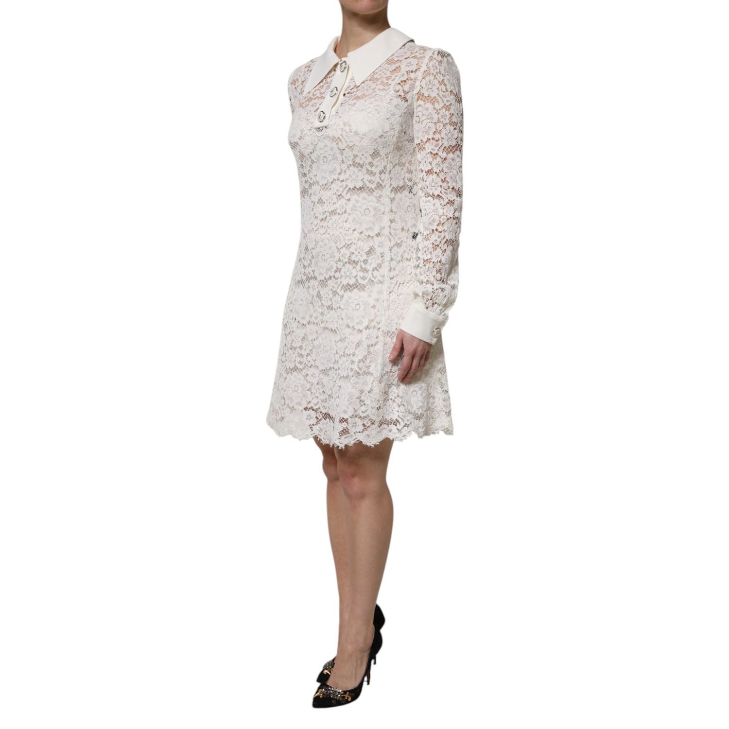 Dolce & Gabbana White Floral Lace Long Sleeves A-line Dress