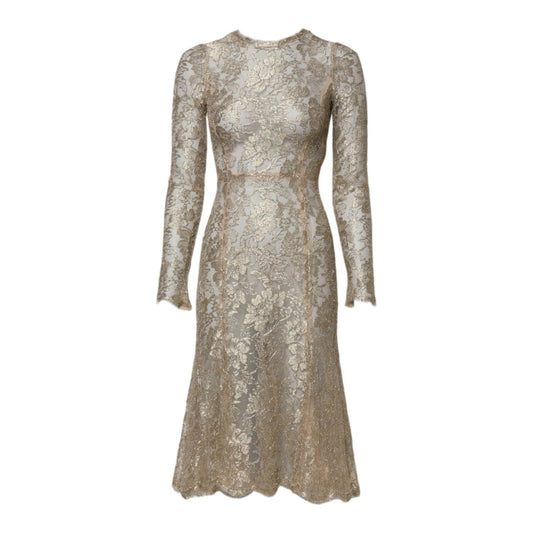 Dolce & Gabbana Gold Floral Lace Long Sleeves Fit & Flare Dress DR281222-36