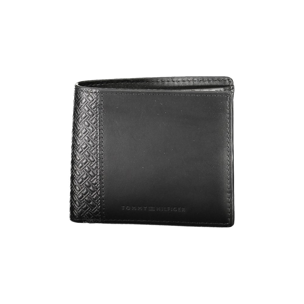 Tommy Hilfiger Black Leather Men Wallet with embossed pattern and logo, featuring multiple compartments for organization and style.