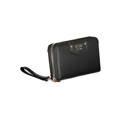 Guess Jeans Black Polyethylene Women Wallet with zip closure and wrist strap, showcasing elegance and functionality.