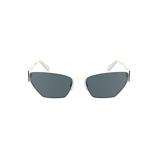 Calvin Klein White Metal Women Sunglass with cat-eye shape and smoke lenses, showcasing modern sophistication and refined style.