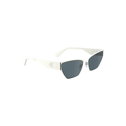 Calvin Klein White Metal Women Sunglass with cat-eye shape and smoke lenses.