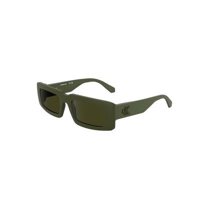 Calvin Klein Green Bio-Based Fabric Women Sunglasses with rectangular lenses and eco-conscious frame.