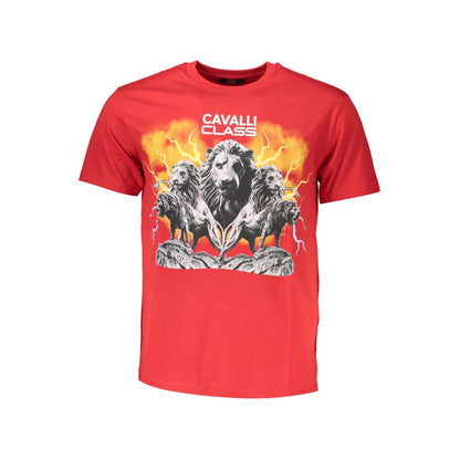 Cavalli Class Red Cotton Men T-Shirt with lion design, premium quality, classic crew neck, stylish and bold statement tee for fashion-forward men.
