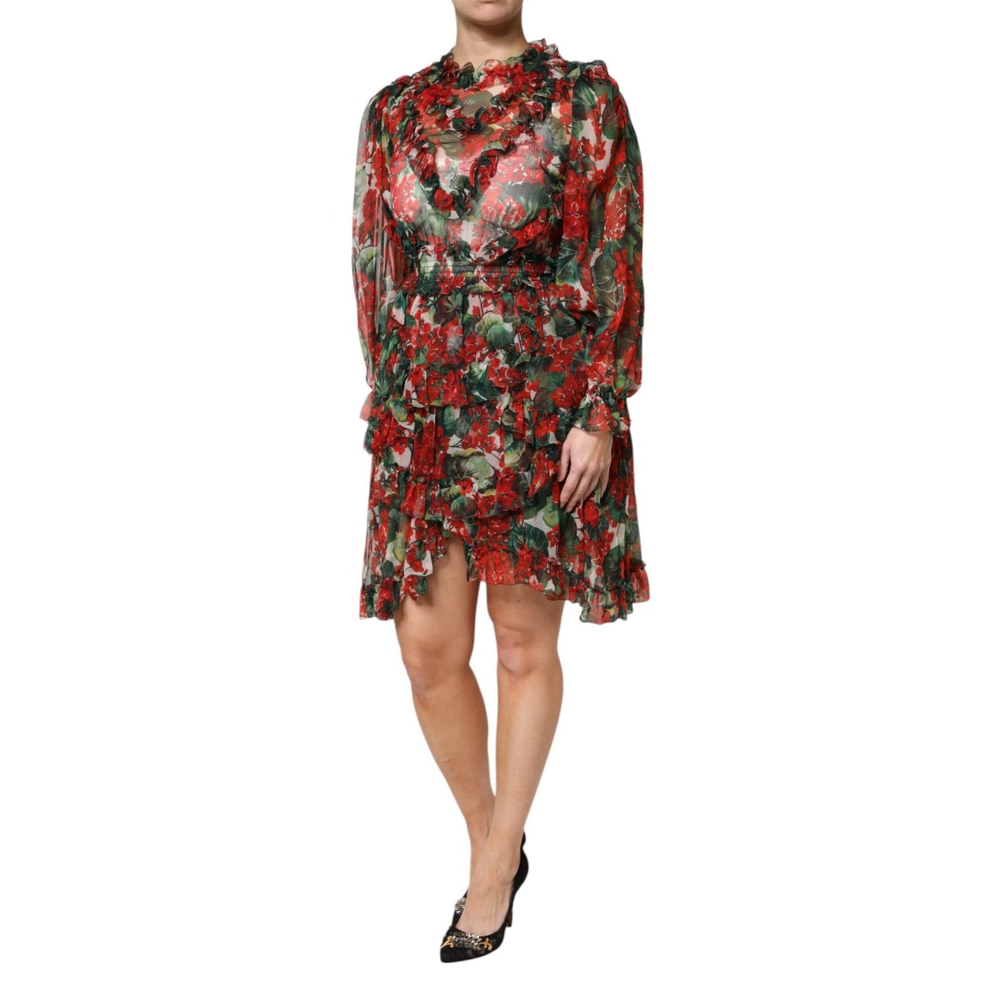 Dolce & Gabbana Multicolor Ruffle Floral Long Sleeves Dress