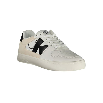 Calvin Klein White Polyester Sneaker with laces, contrast details and logo. Eco-friendly sports shoe made of recycled materials.