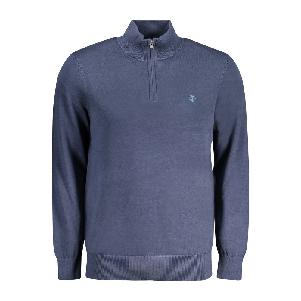 Timberland Blue Cotton Men Sweater with half-zip closure and logo embroidery, showcasing contemporary fashion and organic cotton material.