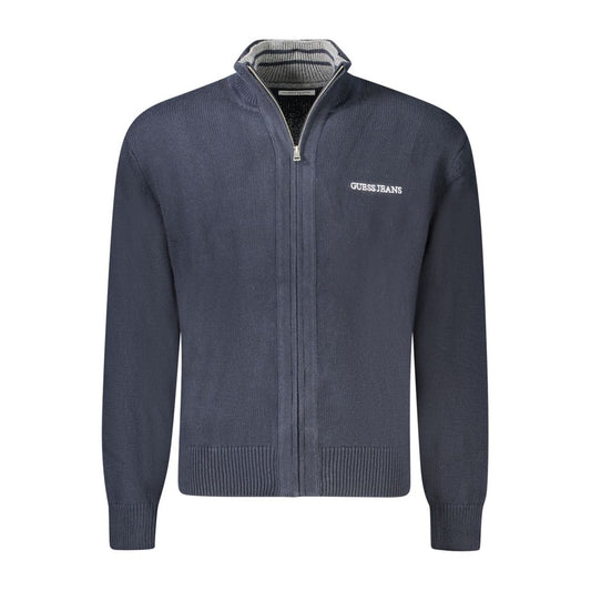 Guess Jeans Blue Cotton Men Sweater with embroidery and logo, 100% cotton long sleeve cardigan, perfect for layering.
