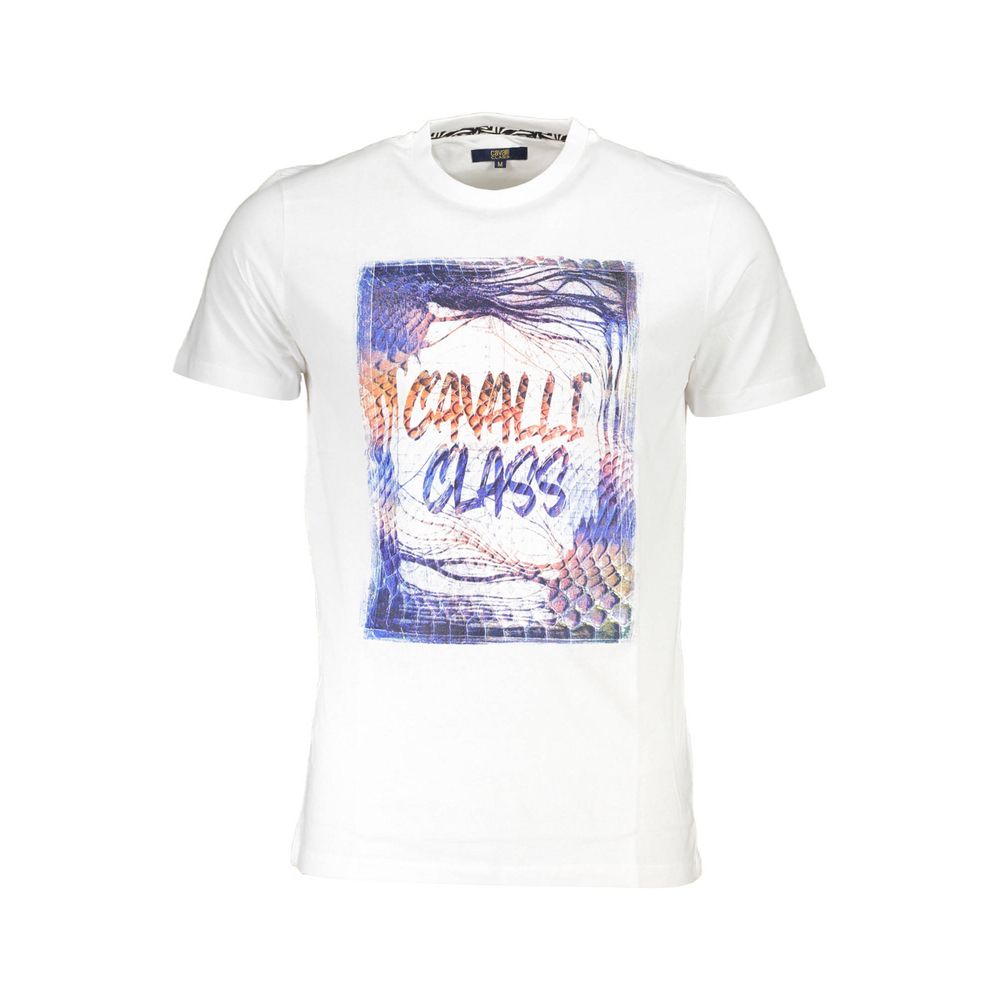 Cavalli Class White Cotton Men T-Shirt with bold print and prominent logo, crafted for style and comfort, perfect for a chic statement look.