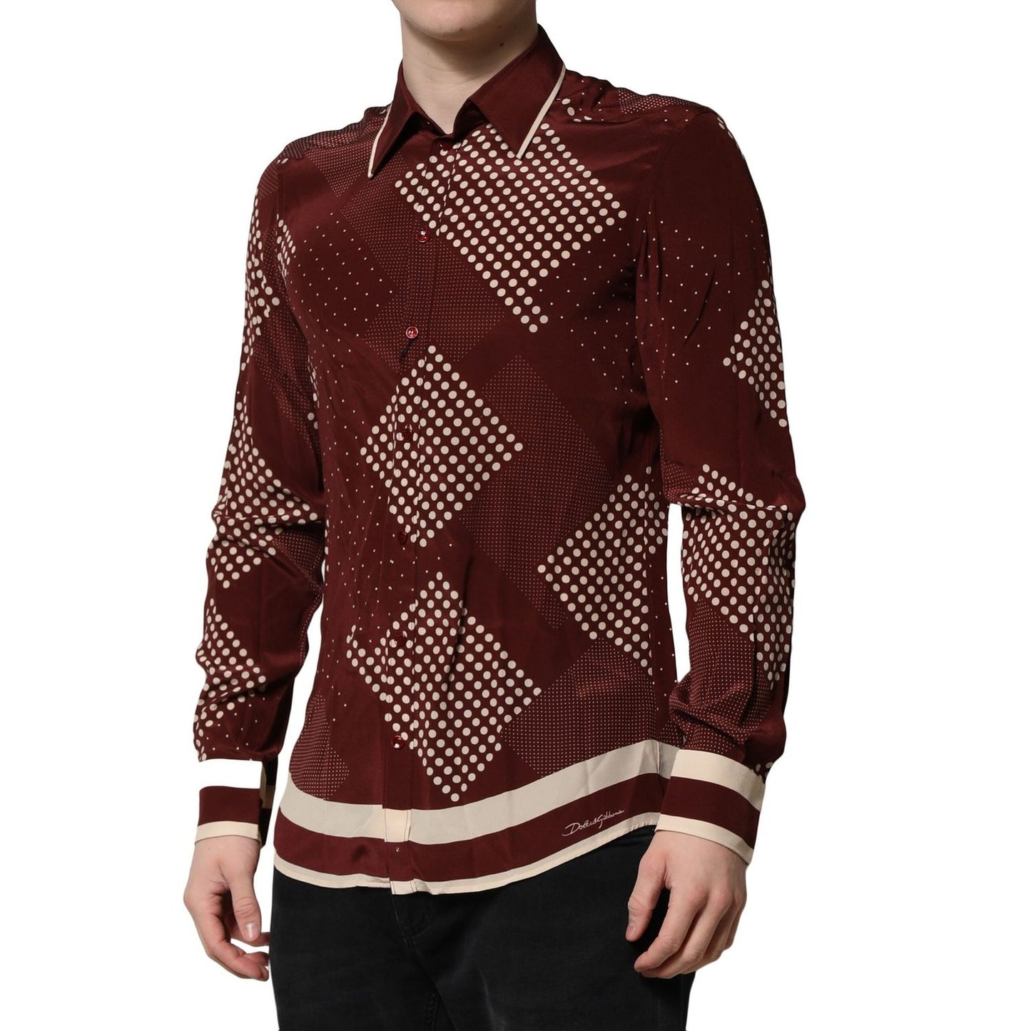 Dolce & Gabbana Maroon Dotted Silk Long Sleeve Casual Shirt