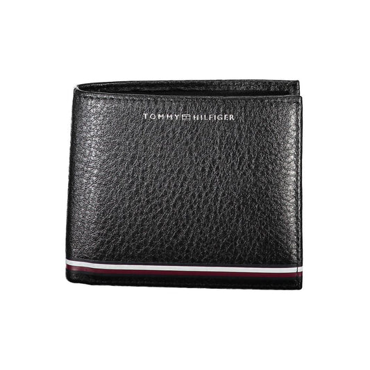Tommy Hilfiger Black Leather Men Wallet with iconic logo and contrasting details, showcasing elegance and ample card slots.