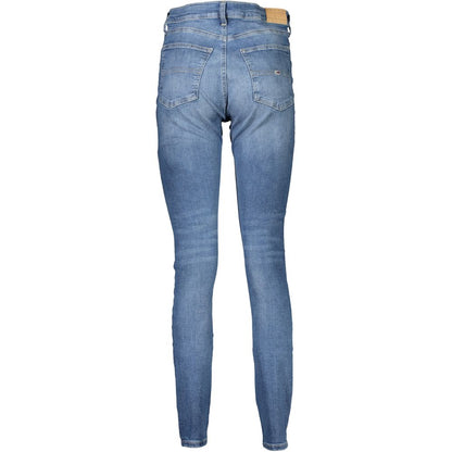 Tommy Hilfiger Blue Cotton Women's Skinny Jean with washed effect and iconic logo, showcasing back view and flattering silhouette.