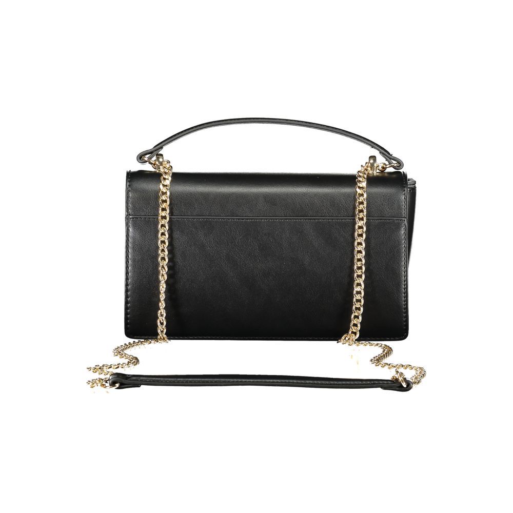 Back view of Mario Valentino Black Polyethylene Women Handbag with gold chain, showcasing elegant design and luxury details.