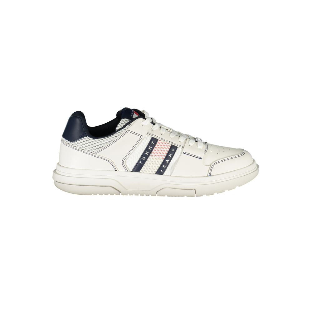 Tommy Hilfiger Blue Leather Men Sneaker with contrast stitching and removable insole, perfect for modern and stylish look on-the-go.