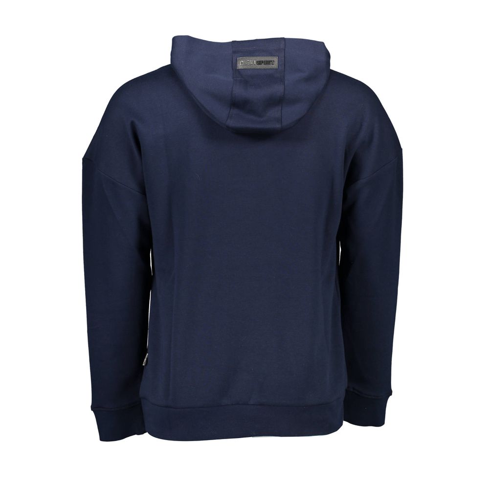 Plein Sport Blue Cotton Men Sweater with hood and long sleeves, back view.