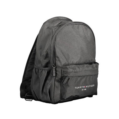 Tommy Hilfiger Black Polyester Men Backpack made from recycled material with adjustable straps, eco-friendly and stylish design.