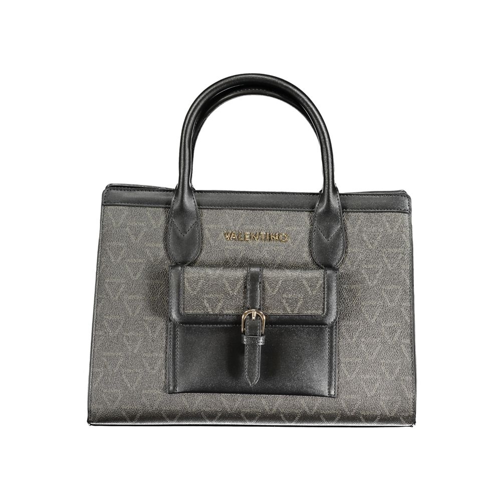 Mario Valentino Black Polyethylene Handbag with dual handles, adjustable straps, exterior pocket, and logo on textured surface.