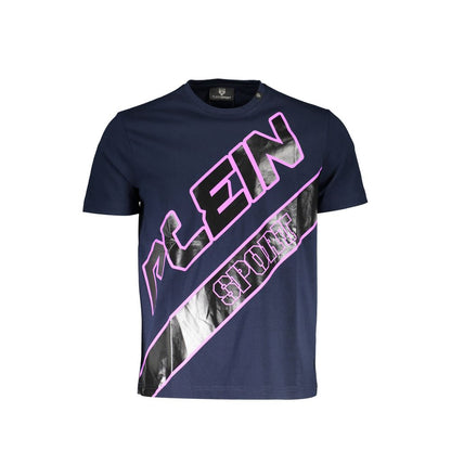 Plein Sport Blue Cotton Men T-Shirt with logo print, crew neck design for style and comfort.