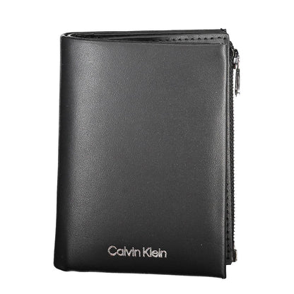 Calvin Klein Black Leather Men Wallet showcasing sleek design and durable leather with card compartments and coin purse.