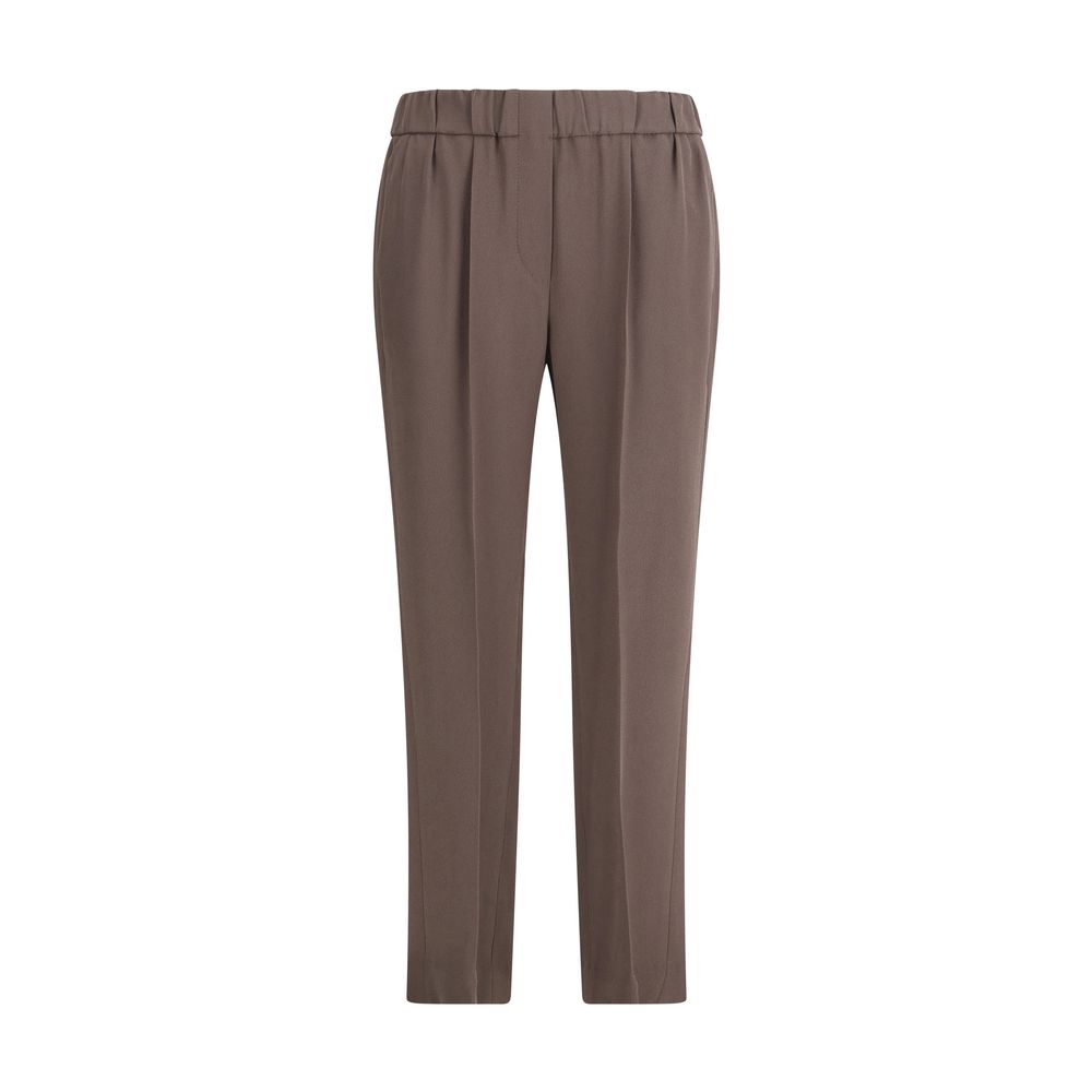Brunello Cucinelli Gray Acetate Casual Pants with elastic waistband and modern fit, featuring side and back pockets for functionality.