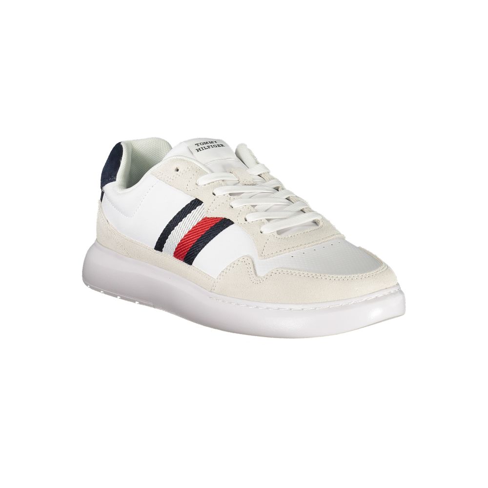 Tommy Hilfiger White Leather Men Sneaker with embroidered logo and removable footbed for comfort, featuring contrasting details.