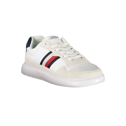 Tommy Hilfiger White Leather Men Sneaker with embroidered logo and removable footbed for comfort, featuring contrasting details.