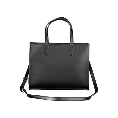 Mario Valentino Black Polyethylene Handbag with handles, shoulder strap, internal pockets, contrasting details, and logo.
