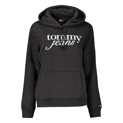 Tommy Hilfiger Black Cotton Women Sweater with hood and logo, featuring a central pocket, blending comfort and style for casual or trendy looks.