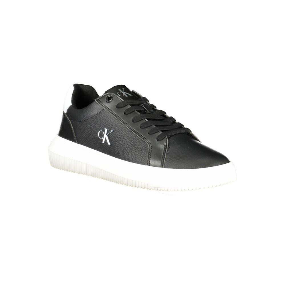 Calvin Klein Black Leather Men Sneaker with white soles and logo, modern design, perfect for casual and stylish outings.