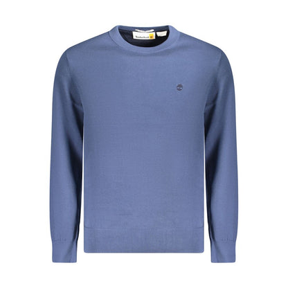 Timberland Blue Cotton Men Sweater with long sleeves made from 100% organic cotton, featuring embroidery and Timberland logo for stylish eco-conscious fashion.