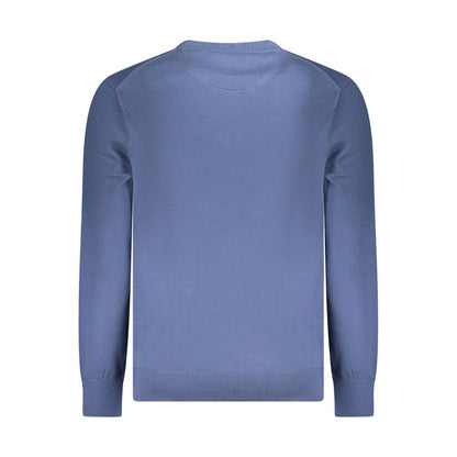 Timberland Blue Cotton Men Sweater in bold blue with long sleeves, organic fabric, and Timberland logo, ideal for modern eco-conscious style.