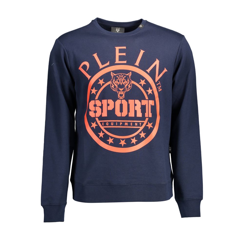 Plein Sport Blue Cotton Men Sweater with bold graphic print and logo on front, long sleeve design for stylish sportswear.