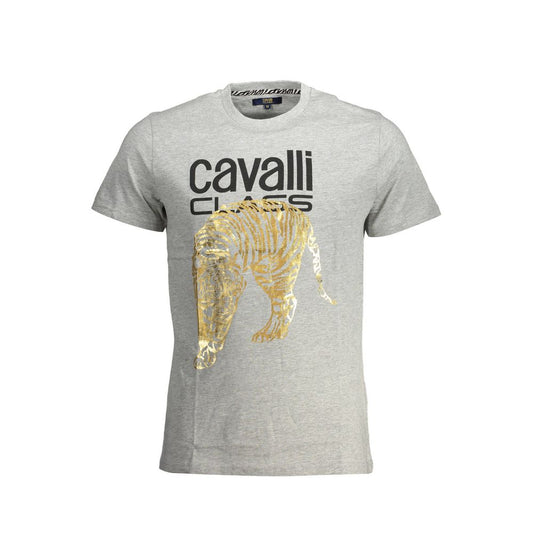 Cavalli Class Brown Cotton Men T-Shirt with bold print and logo, short-sleeved crew neck design for modern fashion enthusiasts.