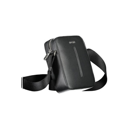 Calvin Klein Black Polyester Men Shoulder Bag with adjustable strap and zip closure, eco-conscious design, made from recycled polyester.