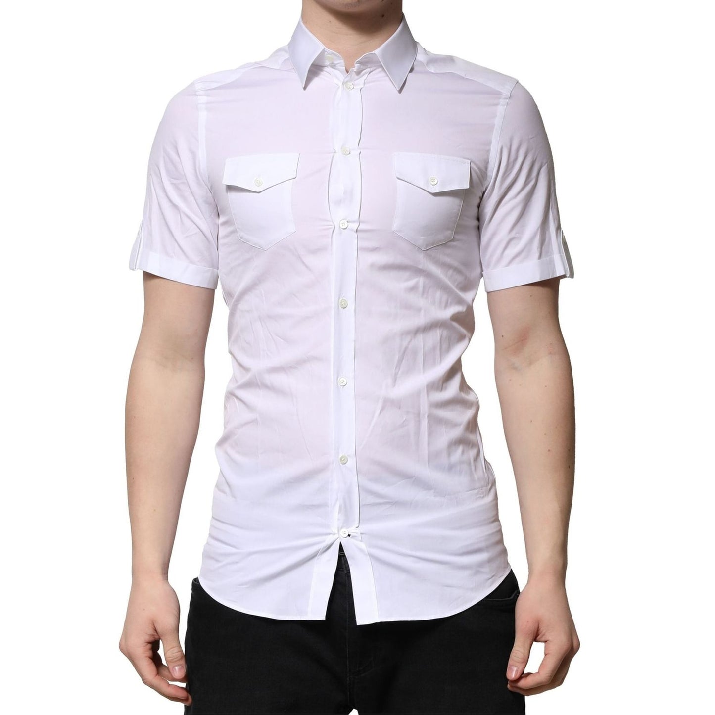 Dolce & Gabbana White Cotton GOLD Short Sleeves Formal Shirt TSH906797-40