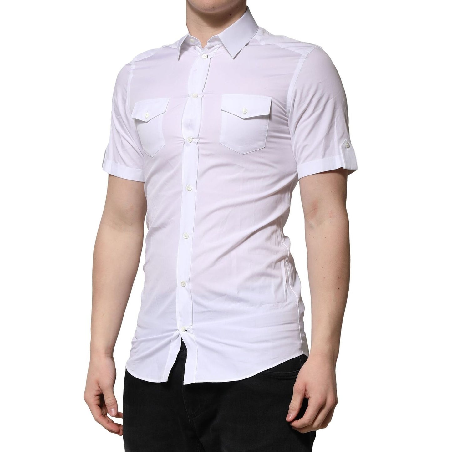 Dolce & Gabbana White Cotton GOLD Short Sleeves Formal Shirt TSH906797-40