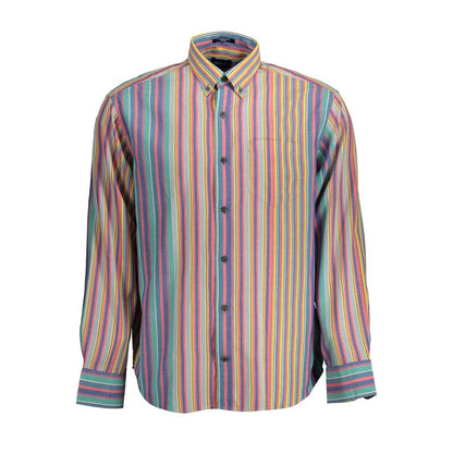 Gant Blue Cotton Men Shirt with colorful striped design and button-down collar, long sleeves, and convenient chest pocket.