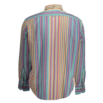 Back view of a striped long-sleeved shirt with button cuffs and collar.