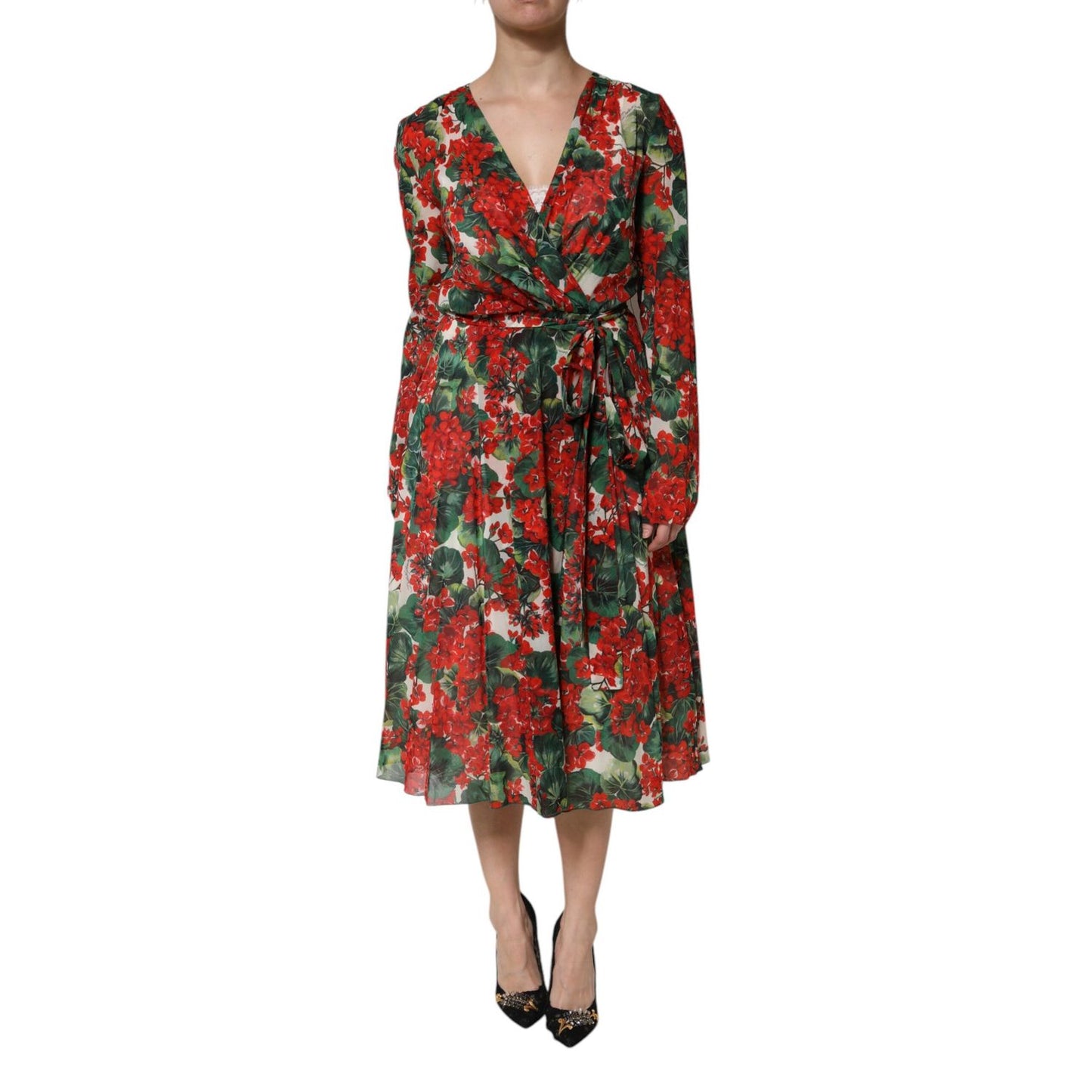 Dolce & Gabbana Multicolor Floral Long Sleeves V-neck Dress