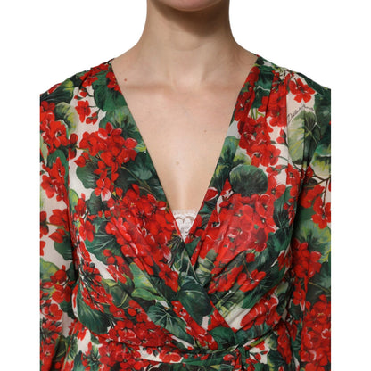 Dolce & Gabbana Multicolor Floral Long Sleeves V-neck Dress